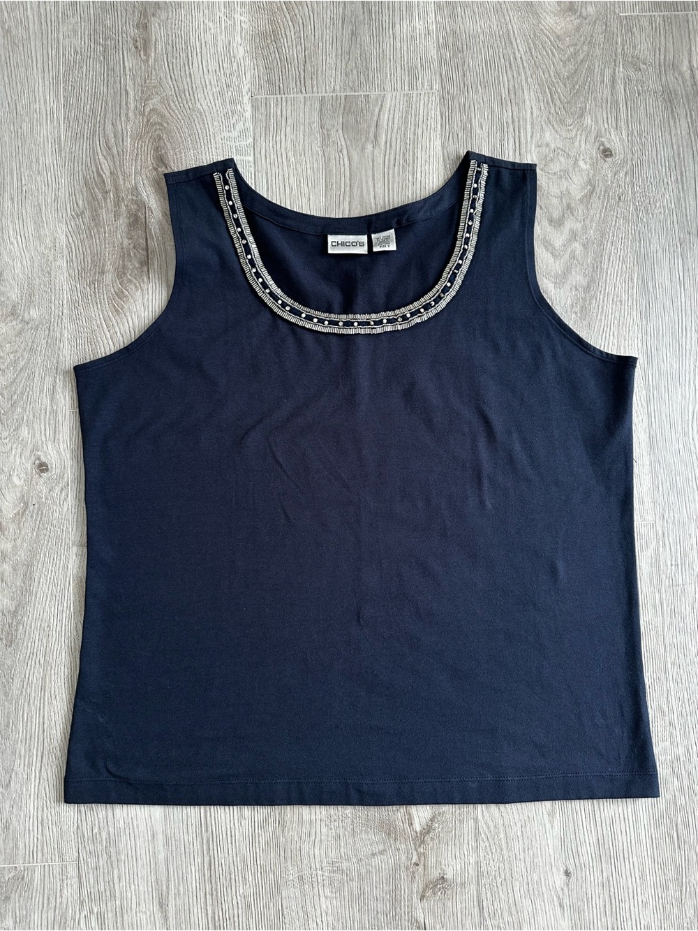 Chico’s Navy Blue Beaded Neckline Sleeveless Tank Top - Size 3 XL